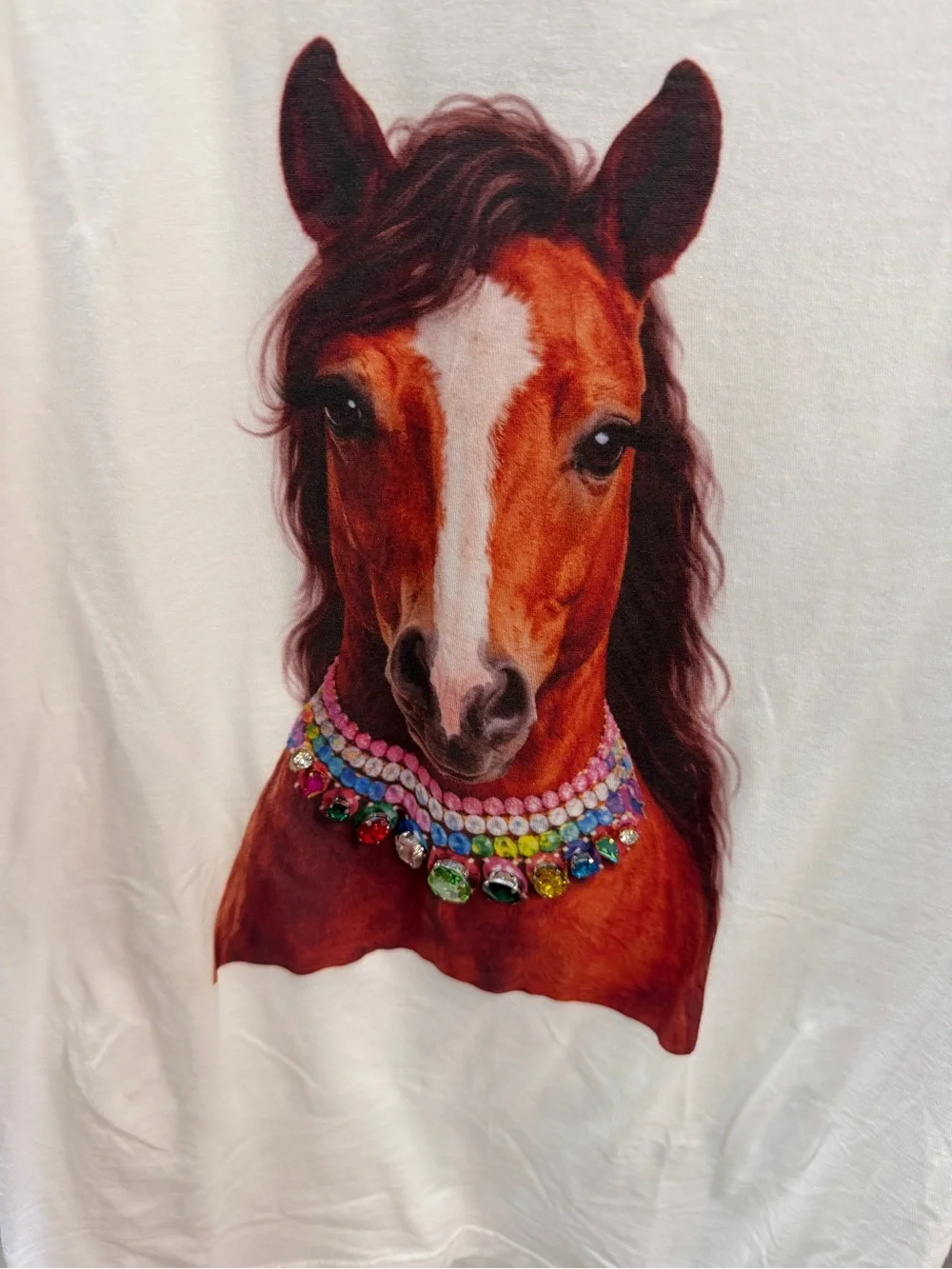 Tultex White Tee with Brown Horse Portrait and Multicolor Jewel Necklace - Picture 1 of 1